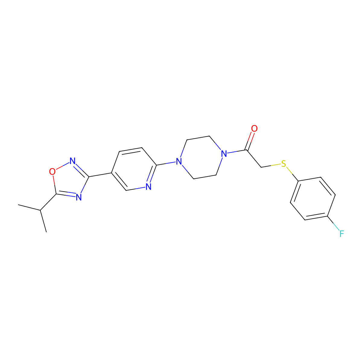 2-((4-Fluorophenyl)thio)-1-(4-(5-(5-isopropyl-1,2,4-oxadiazol-3-yl)pyridin-2-yl)piperazin-1-yl)ethanone molecular structure, CAS 1421457-63-7