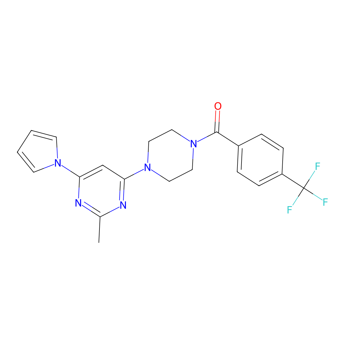 (4-(2-methyl-6-(1H-pyrrol-1-yl)pyrimidin-4-yl)piperazin-1-yl)(4-(trifluoromethyl)phenyl)methanone molecular structure, CAS 1421457-72-8
