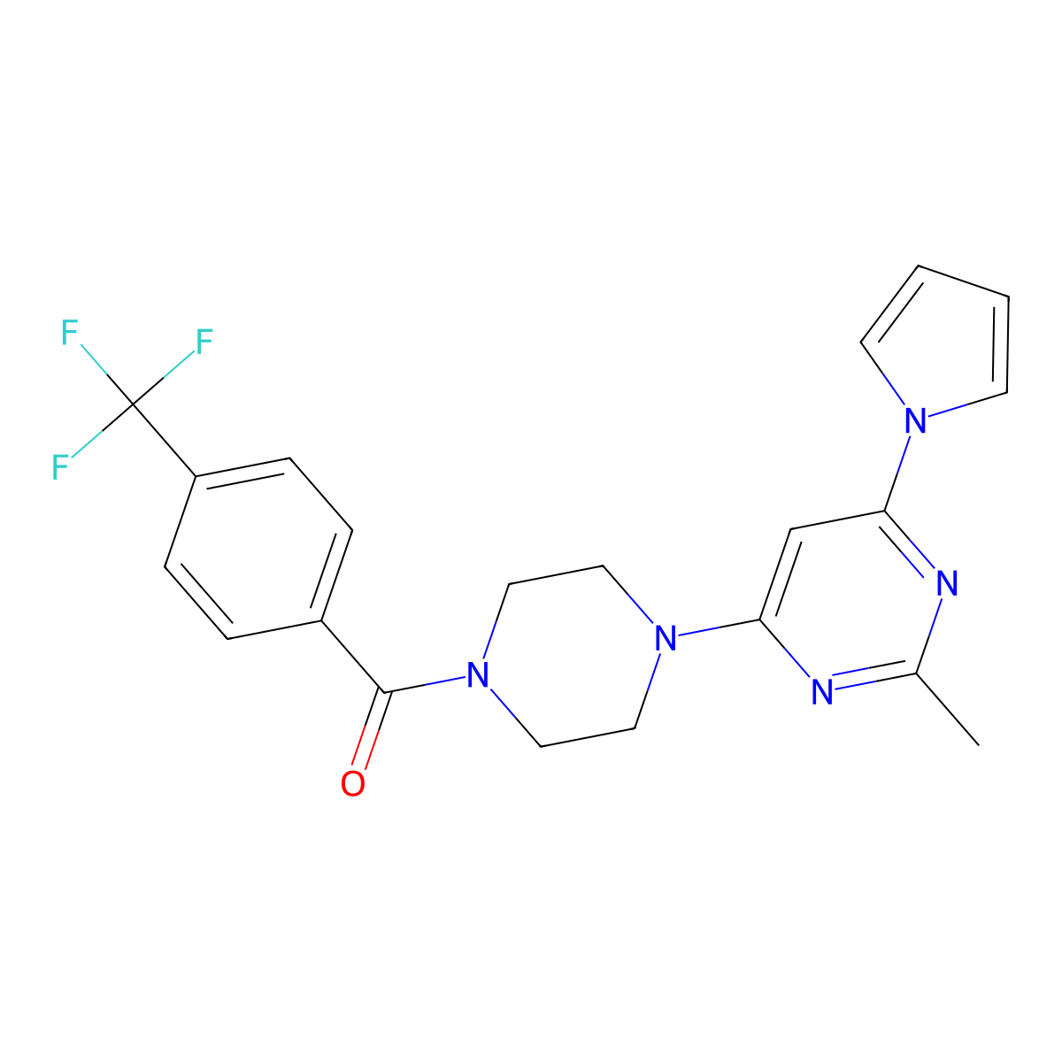 (4-(2-methyl-6-(1H-pyrrol-1-yl)pyrimidin-4-yl)piperazin-1-yl)(4-(trifluoromethyl)phenyl)methanone molecular structure, CAS 1421457-72-8