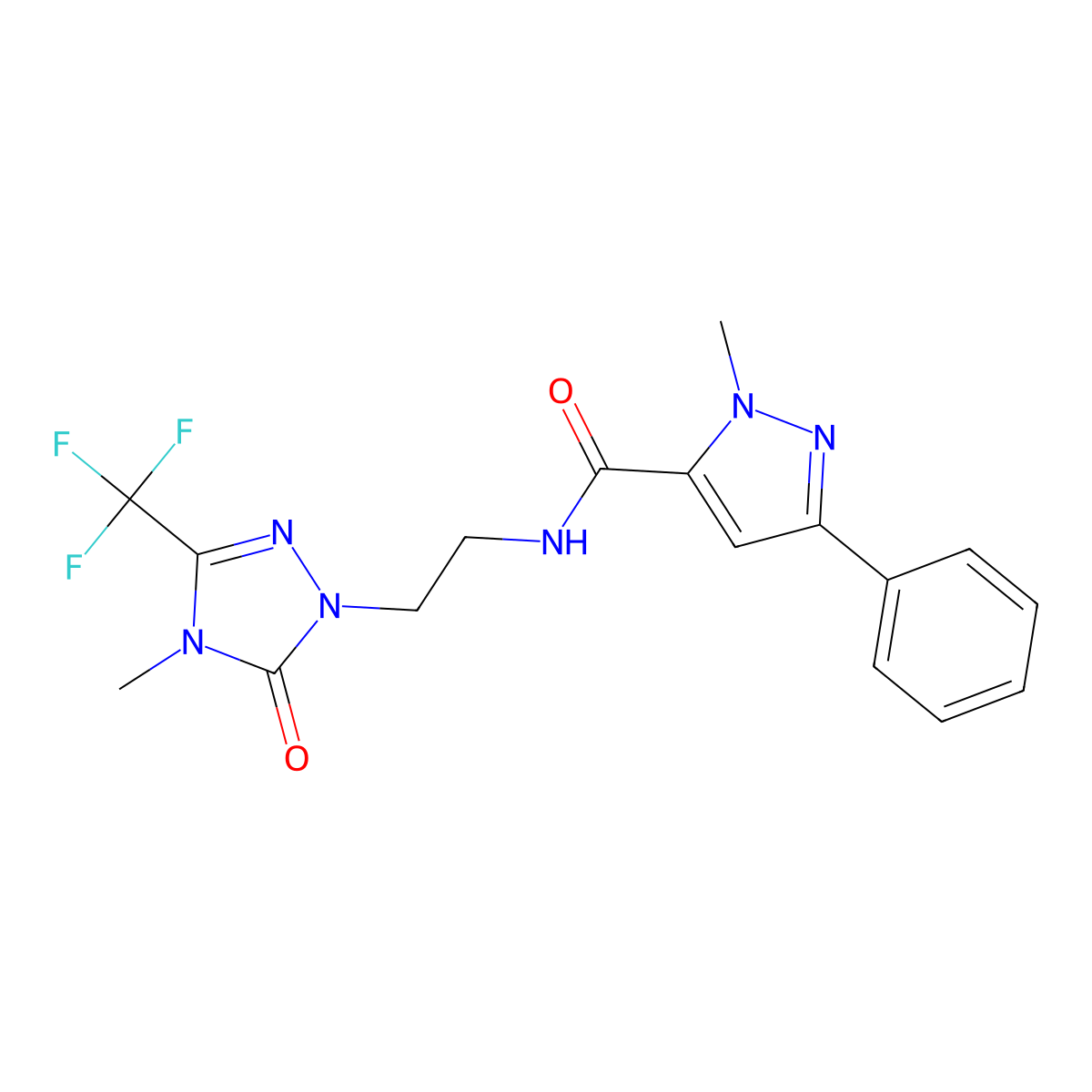 1-methyl-N-{2-[4-methyl-5-oxo-3-(trifluoromethyl)-4,5-dihydro-1H-1,2,4-triazol-1-yl]ethyl}-3-phenyl-1H-pyrazole-5-carboxamide molecular structure, CAS 1421457-82-0