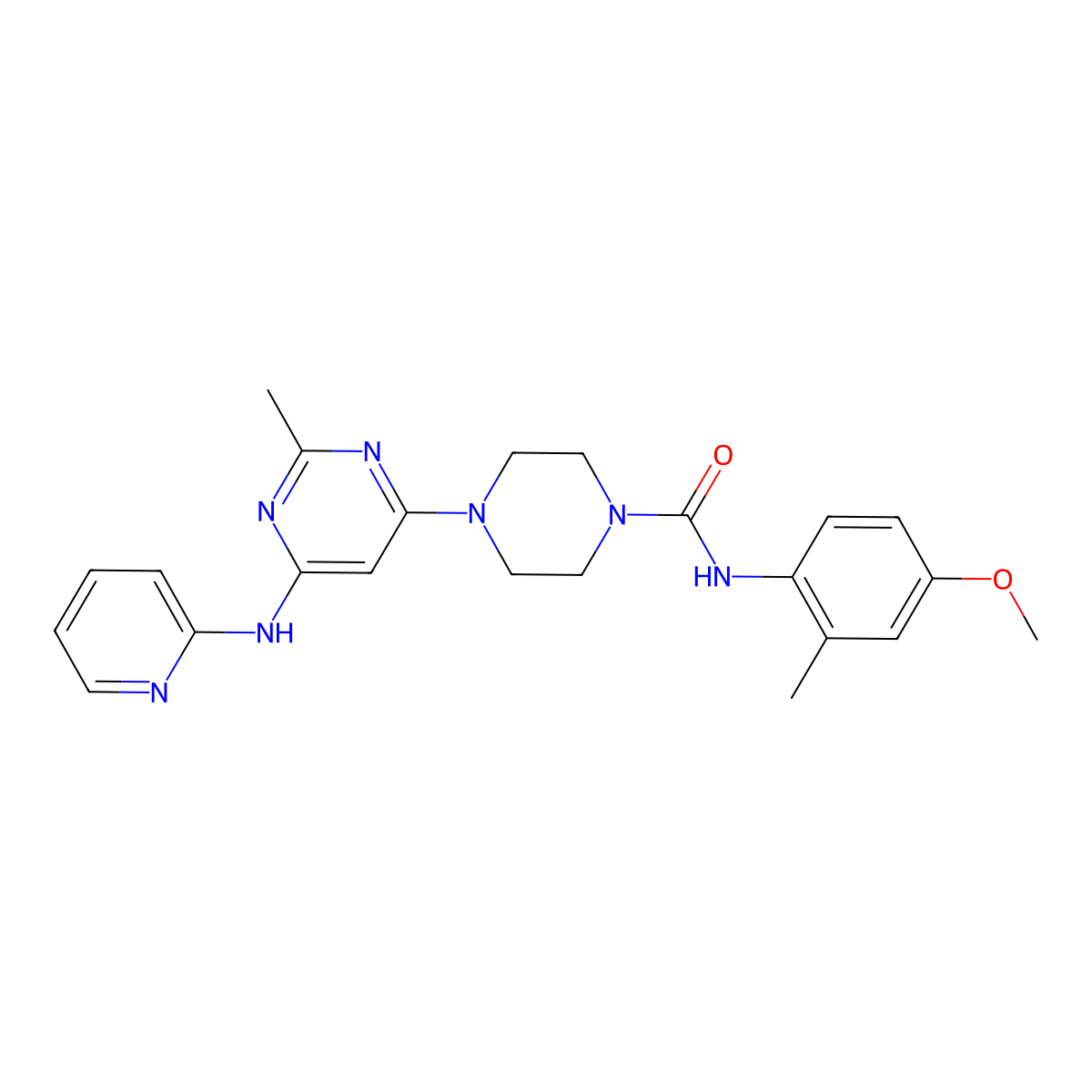 N-(4-methoxy-2-methylphenyl)-4-(2-methyl-6-(pyridin-2-ylamino)pyrimidin-4-yl)piperazine-1-carboxamide molecular structure, CAS 1421457-86-4