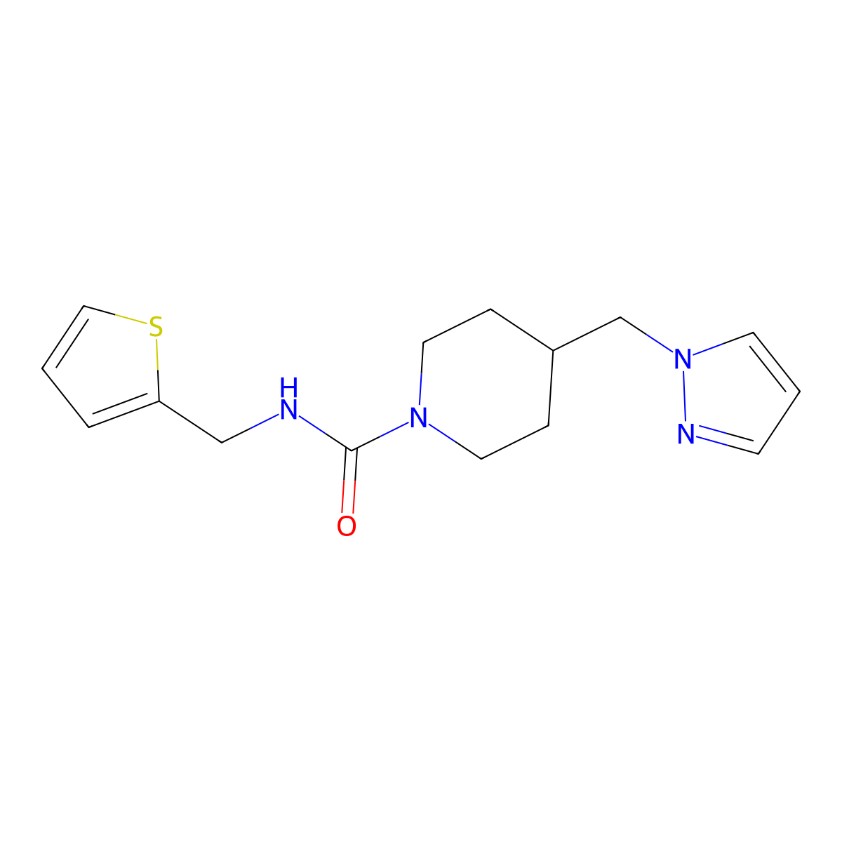 4-((1H-pyrazol-1-yl)methyl)-N-(thiophen-2-ylmethyl)piperidine-1-carboxamide molecular structure, CAS 1421457-88-6
