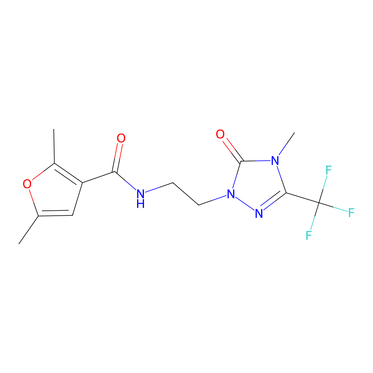 2,5-dimethyl-N-{2-[4-methyl-5-oxo-3-(trifluoromethyl)-4,5-dihydro-1H-1,2,4-triazol-1-yl]ethyl}furan-3-carboxamide molecular structure, CAS 1421457-97-7