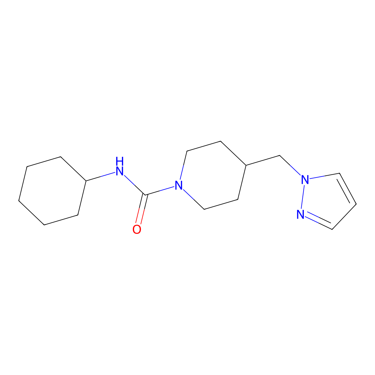 4-((1H-pyrazol-1-yl)methyl)-N-cyclohexylpiperidine-1-carboxamide molecular structure, CAS 1421458-02-7