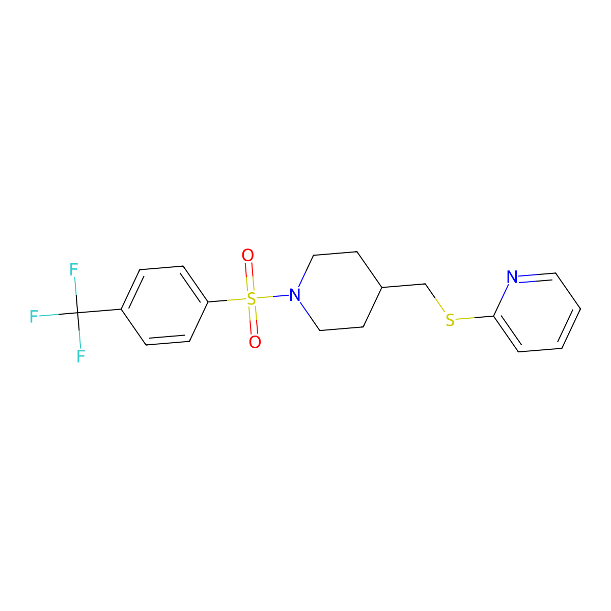 2-(((1-((4-(Trifluoromethyl)phenyl)sulfonyl)piperidin-4-yl)methyl)thio)pyridine molecular structure, CAS 1421458-04-9