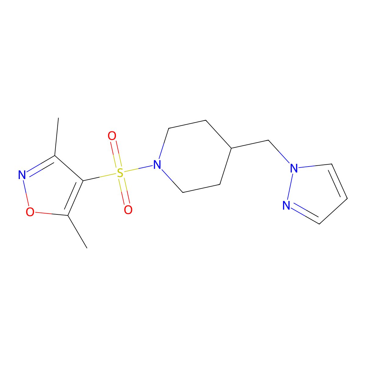 4-((4-((1H-pyrazol-1-yl)methyl)piperidin-1-yl)sulfonyl)-3,5-dimethylisoxazole molecular structure, CAS 1421458-10-7