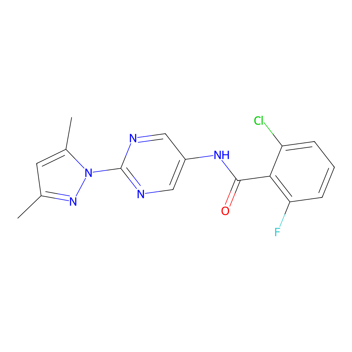 2-chloro-N-(2-(3,5-dimethyl-1H-pyrazol-1-yl)pyrimidin-5-yl)-6-fluorobenzamide molecular structure, CAS 1421458-19-6