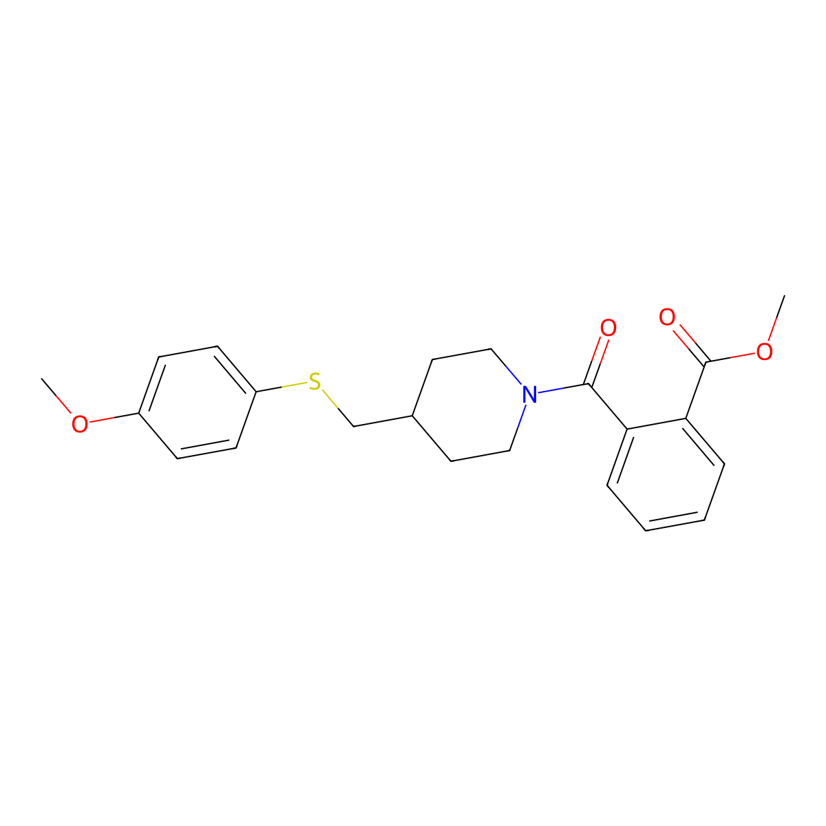 Methyl 2-(4-(((4-methoxyphenyl)thio)methyl)piperidine-1-carbonyl)benzoate molecular structure, CAS 1421458-20-9
