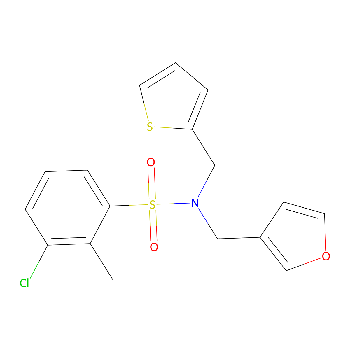 3-chloro-N-(furan-3-ylmethyl)-2-methyl-N-(thiophen-2-ylmethyl)benzenesulfonamide molecular structure, CAS 1421458-30-1