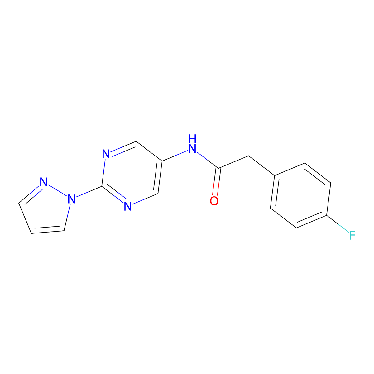 N-(2-(1H-pyrazol-1-yl)pyrimidin-5-yl)-2-(4-fluorophenyl)acetamide molecular structure, CAS 1421458-36-7