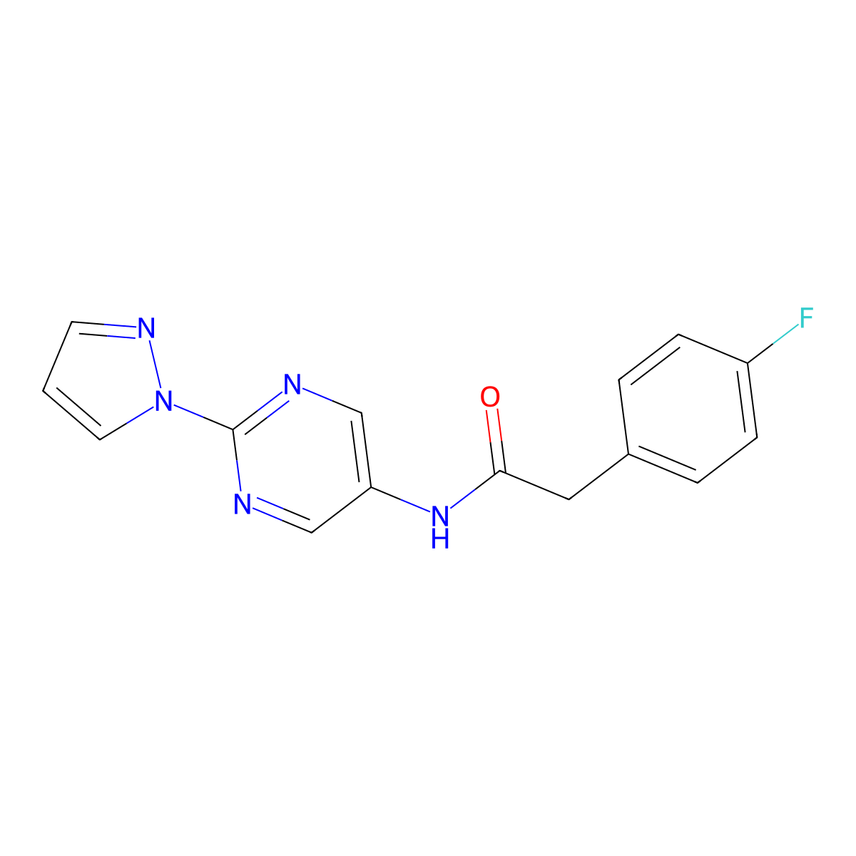 N-(2-(1H-pyrazol-1-yl)pyrimidin-5-yl)-2-(4-fluorophenyl)acetamide molecular structure, CAS 1421458-36-7