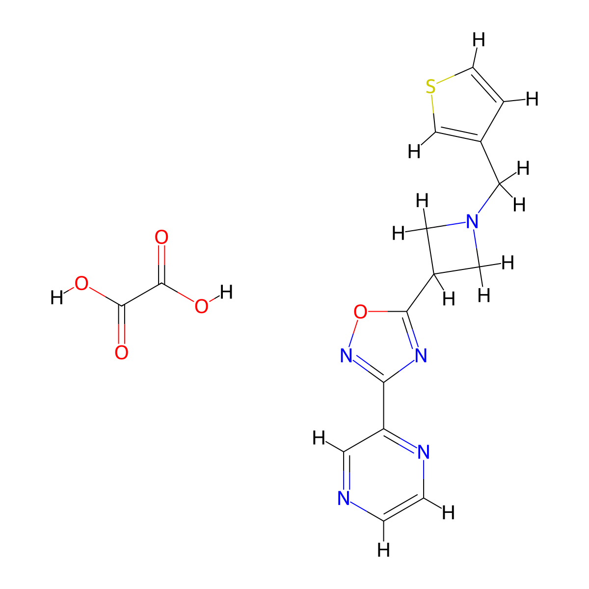 3-(Pyrazin-2-yl)-5-(1-(thiophen-3-ylmethyl)azetidin-3-yl)-1,2,4-oxadiazole oxalate molecular structure, CAS 1421458-38-9