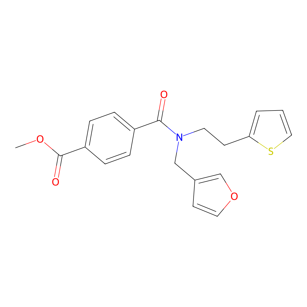 Methyl 4-((furan-3-ylmethyl)(2-(thiophen-2-yl)ethyl)carbamoyl)benzoate molecular structure, CAS 1421458-40-3