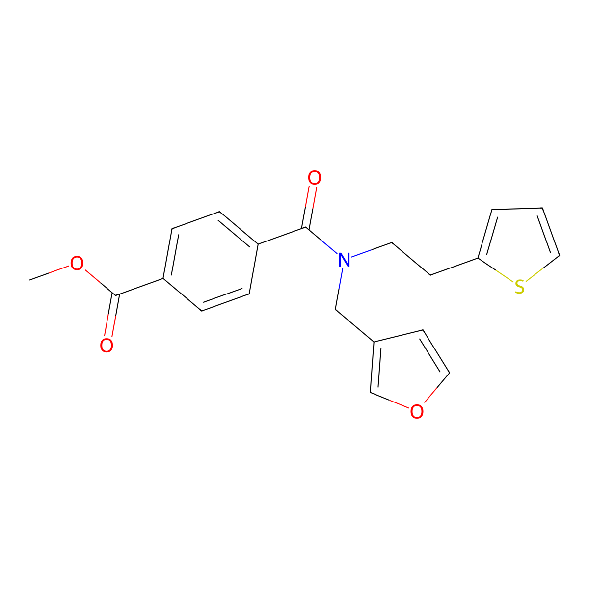 Methyl 4-((furan-3-ylmethyl)(2-(thiophen-2-yl)ethyl)carbamoyl)benzoate molecular structure, CAS 1421458-40-3