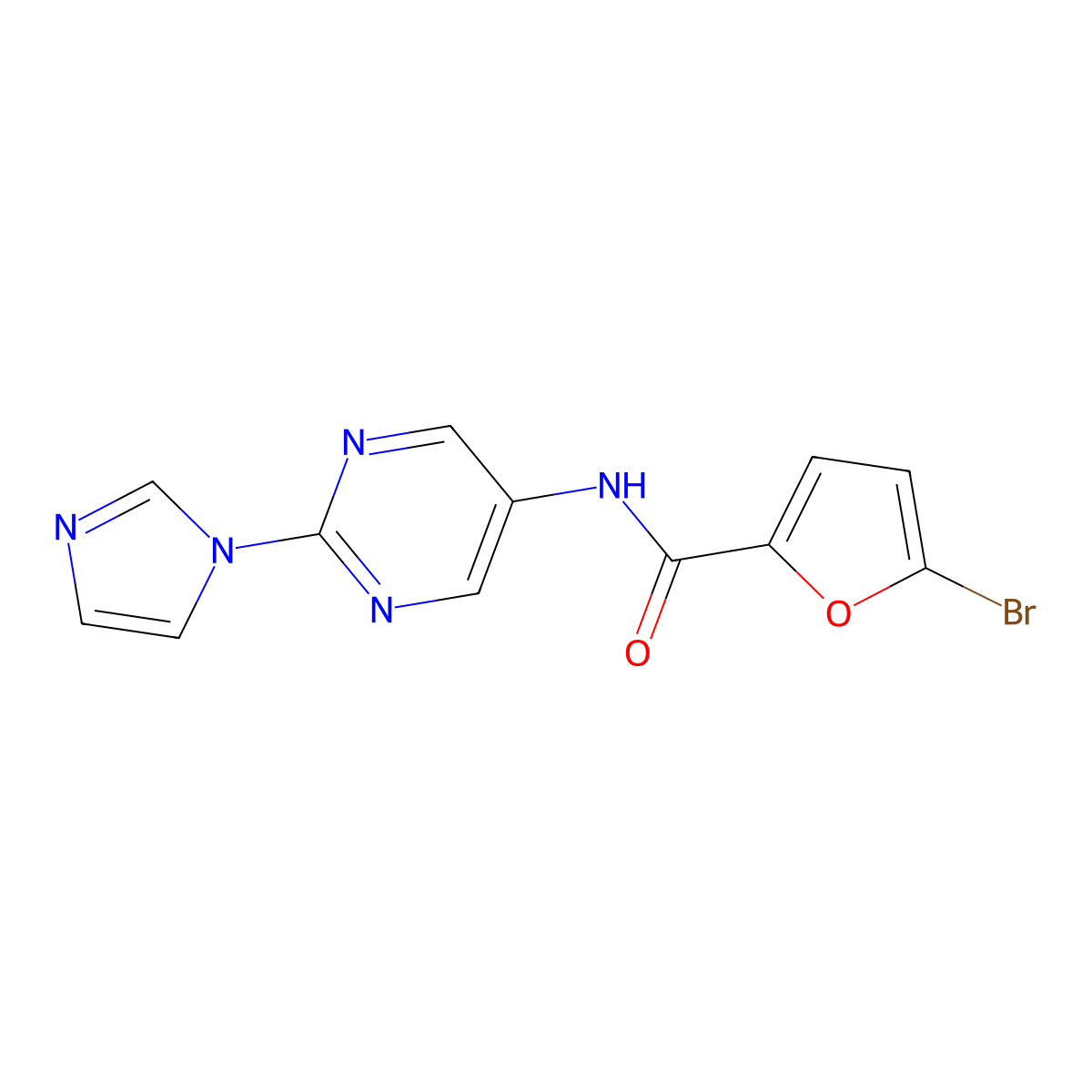 N-(2-(1H-imidazol-1-yl)pyrimidin-5-yl)-5-bromofuran-2-carboxamide molecular structure, CAS 1421458-43-6