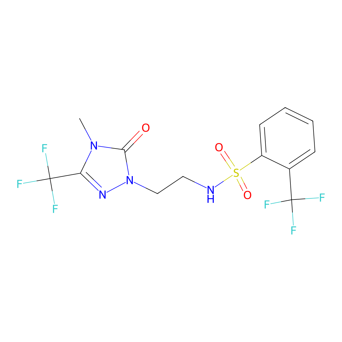 N-(2-(4-methyl-5-oxo-3-(trifluoromethyl)-4,5-dihydro-1H-1,2,4-triazol-1-yl)ethyl)-2-(trifluoromethyl)benzenesulfonamide molecular structure, CAS 1421458-48-1
