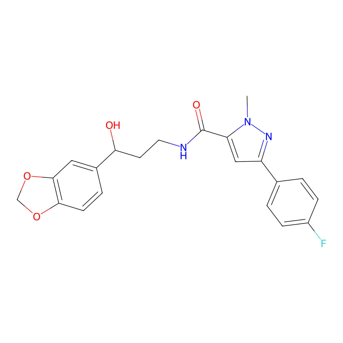N-(3-(benzo[d][1,3]dioxol-5-yl)-3-hydroxypropyl)-3-(4-fluorophenyl)-1-methyl-1H-pyrazole-5-carboxamide molecular structure, CAS 1421458-55-0