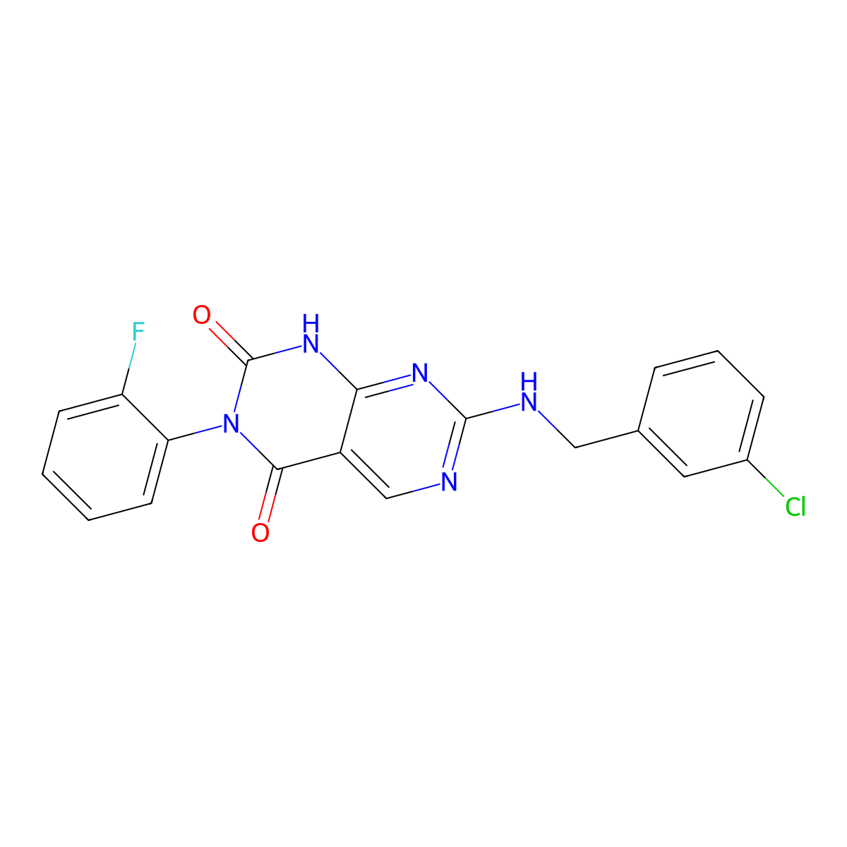7-((3-chlorobenzyl)amino)-3-(2-fluorophenyl)pyrimido[4,5-d]pyrimidine-2,4(1H,3H)-dione molecular structure, CAS 1421458-60-7