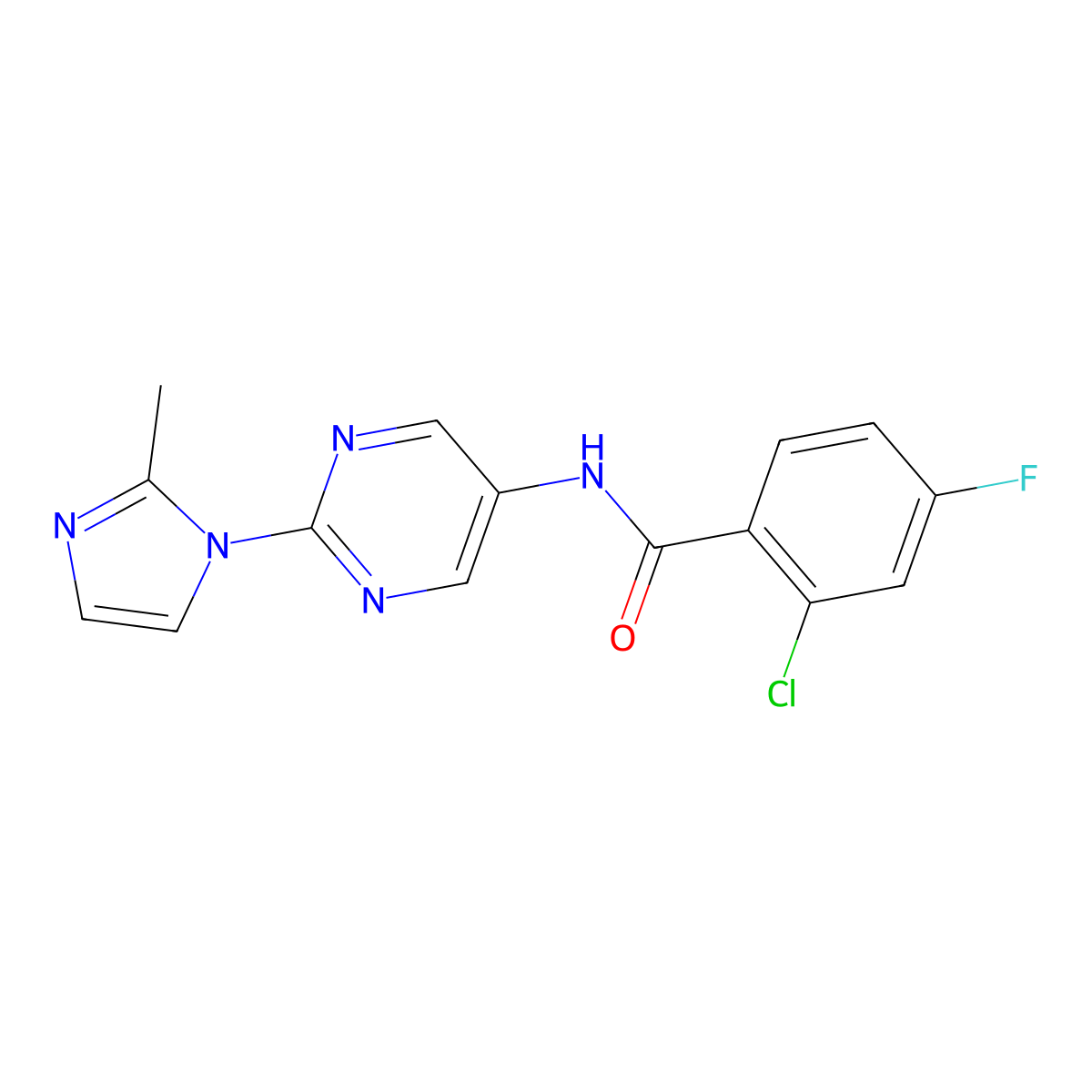 2-chloro-4-fluoro-N-(2-(2-methyl-1H-imidazol-1-yl)pyrimidin-5-yl)benzamide molecular structure, CAS 1421458-65-2