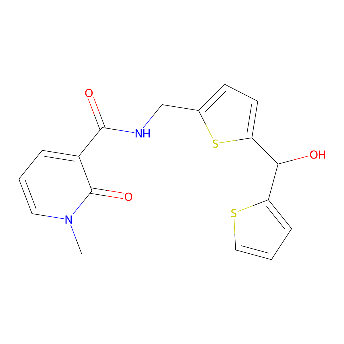 N-({5-[hydroxy(thiophen-2-yl)methyl]thiophen-2-yl}methyl)-1-methyl-2-oxo-1,2-dihydropyridine-3-carboxamide molecular structure, CAS 1421458-85-6