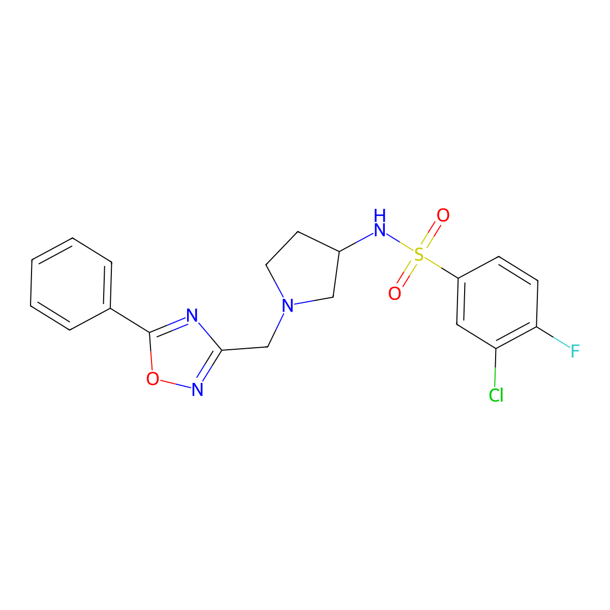 3-chloro-4-fluoro-N-(1-((5-phenyl-1,2,4-oxadiazol-3-yl)methyl)pyrrolidin-3-yl)benzenesulfonamide molecular structure, CAS 1421458-86-7