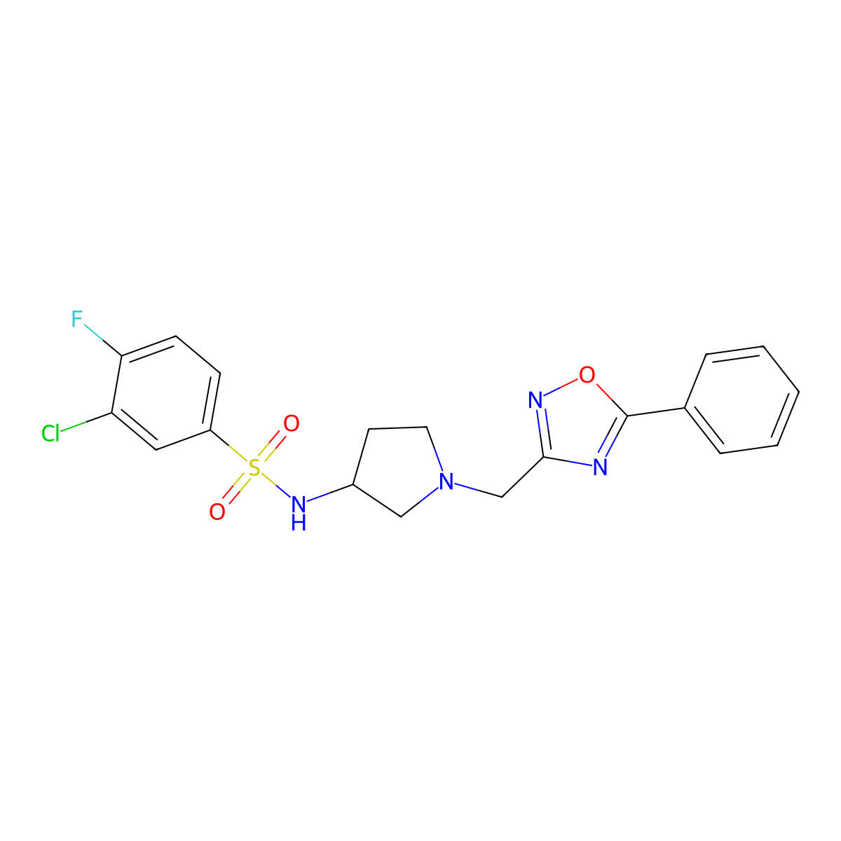 3-chloro-4-fluoro-N-(1-((5-phenyl-1,2,4-oxadiazol-3-yl)methyl)pyrrolidin-3-yl)benzenesulfonamide molecular structure, CAS 1421458-86-7