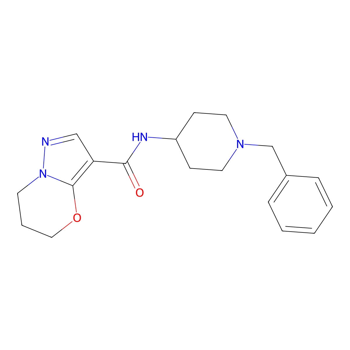 N-(1-benzylpiperidin-4-yl)-6,7-dihydro-5H-pyrazolo[5,1-b][1,3]oxazine-3-carboxamide molecular structure, CAS 1421458-89-0