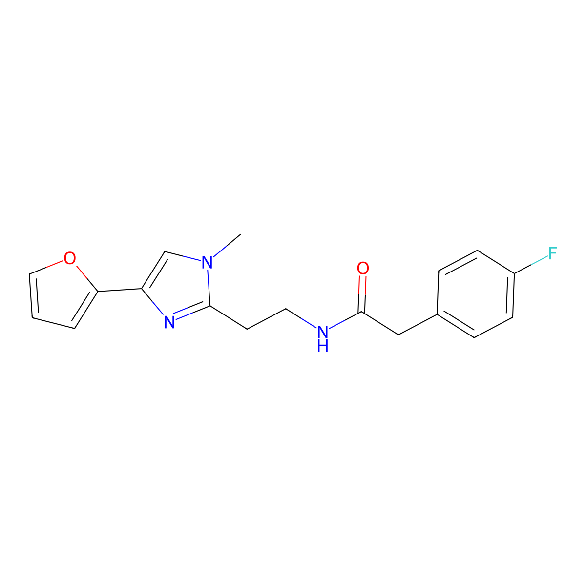 2-(4-fluorophenyl)-N-(2-(4-(furan-2-yl)-1-methyl-1H-imidazol-2-yl)ethyl)acetamide molecular structure, CAS 1421458-90-3