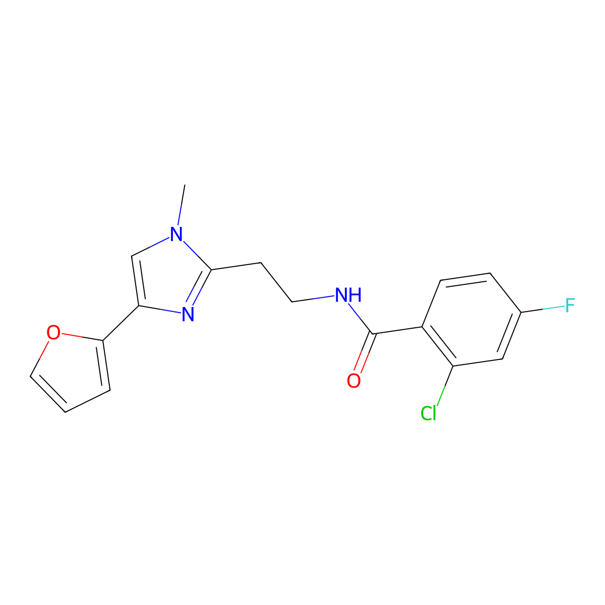 2-chloro-4-fluoro-N-{2-[4-(furan-2-yl)-1-methyl-1H-imidazol-2-yl]ethyl}benzamide molecular structure, CAS 1421458-96-9
