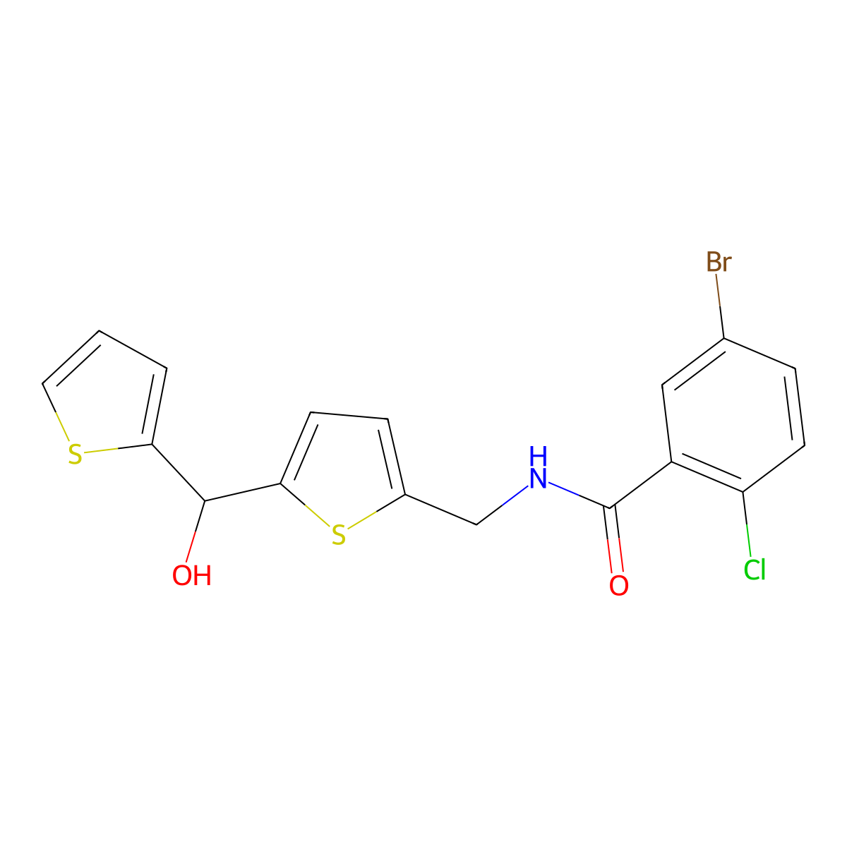5-Bromo-2-chloro-N-({5-[hydroxy(thiophen-2-YL)methyl]thiophen-2-YL}methyl)benzamide molecular structure, CAS 1421459-08-6