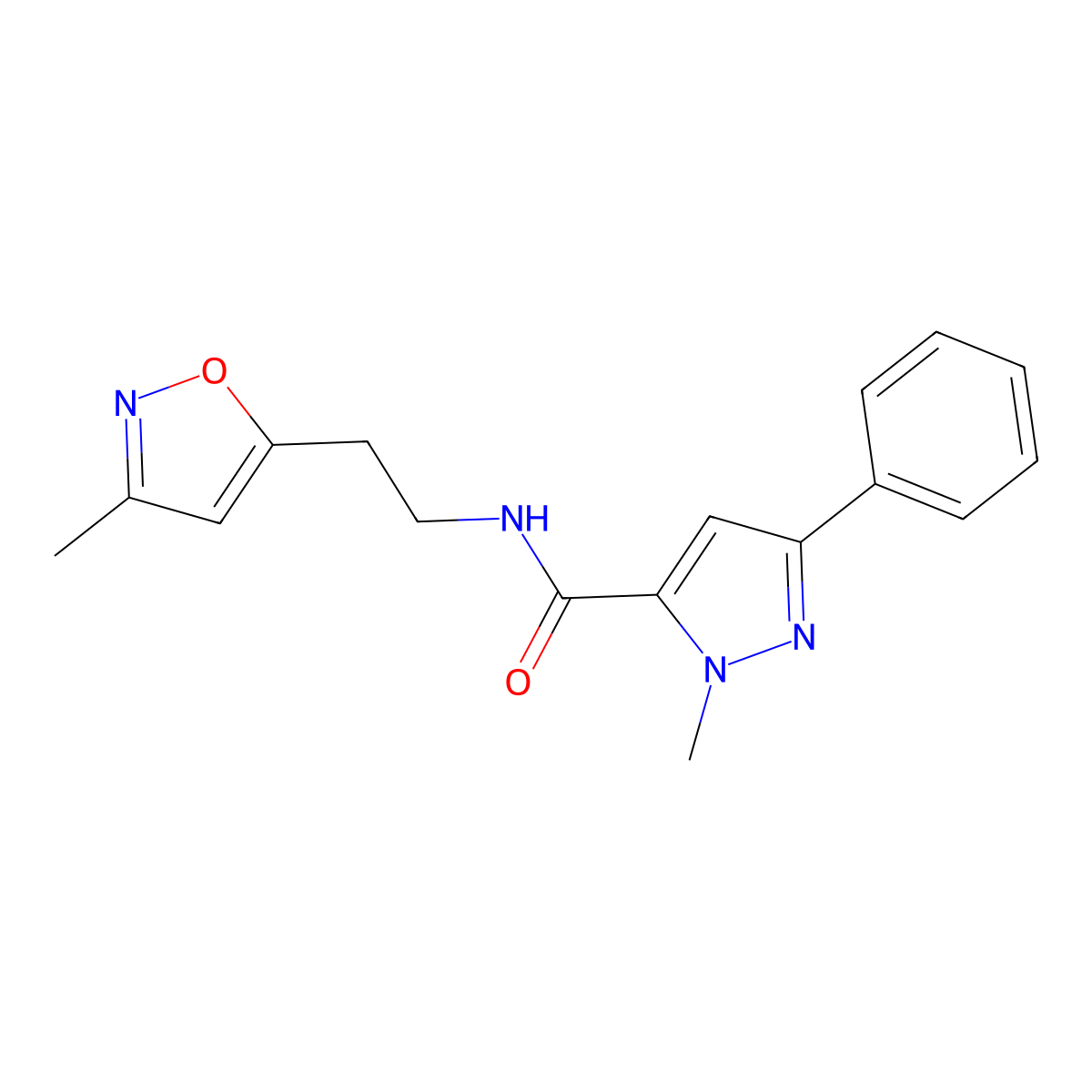 1-methyl-N-(2-(3-methylisoxazol-5-yl)ethyl)-3-phenyl-1H-pyrazole-5-carboxamide molecular structure, CAS 1421459-09-7