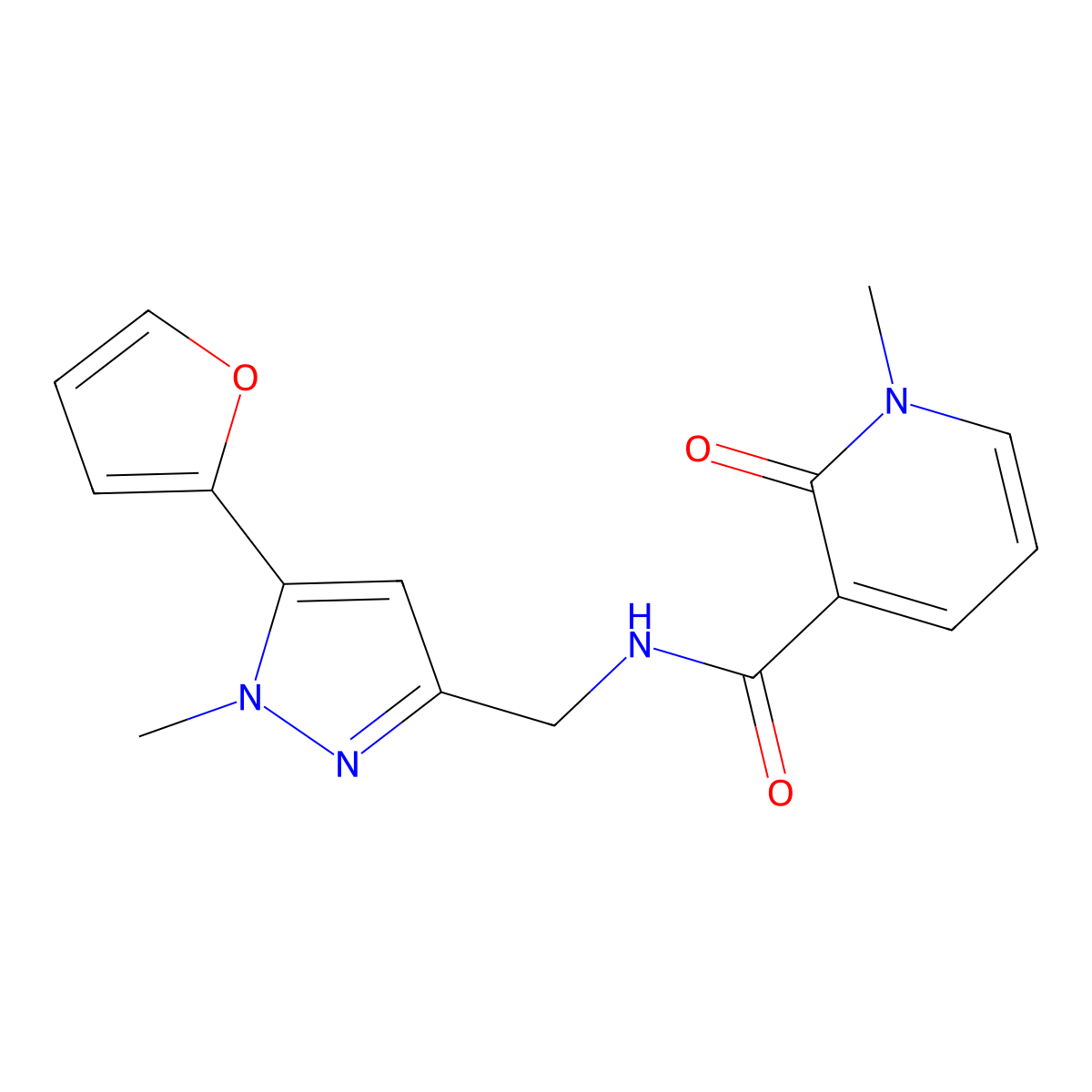 N-{[5-(furan-2-yl)-1-methyl-1H-pyrazol-3-yl]methyl}-1-methyl-2-oxo-1,2-dihydropyridine-3-carboxamide molecular structure, CAS 1421459-20-2