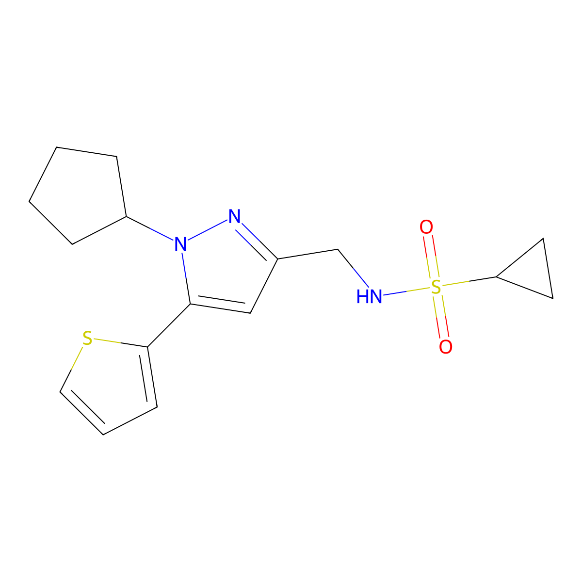 N-{[1-cyclopentyl-5-(thiophen-2-yl)-1H-pyrazol-3-yl]methyl}cyclopropanesulfonamide molecular structure, CAS 1421459-27-9