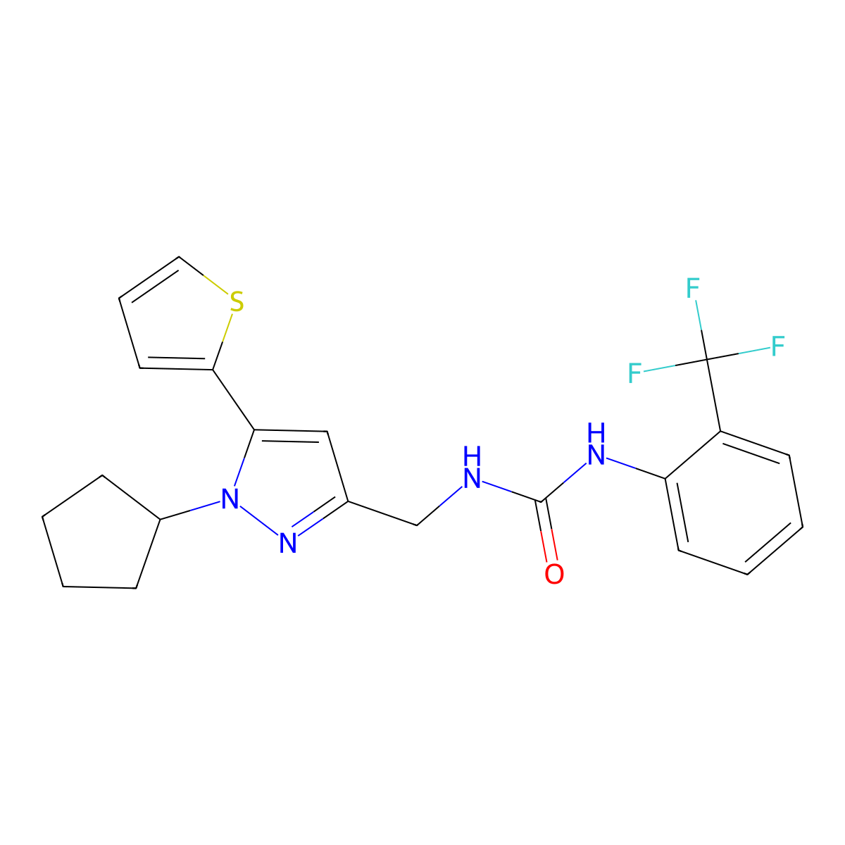 1-((1-cyclopentyl-5-(thiophen-2-yl)-1H-pyrazol-3-yl)methyl)-3-(2-(trifluoromethyl)phenyl)urea molecular structure, CAS 1421459-33-7