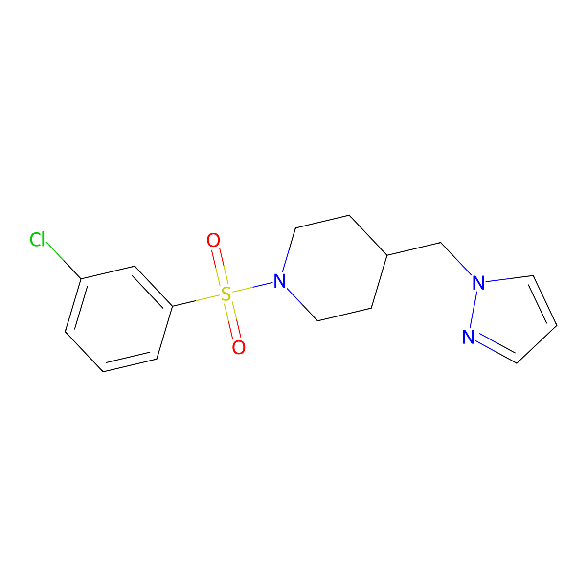 4-((1H-pyrazol-1-yl)methyl)-1-((3-chlorophenyl)sulfonyl)piperidine molecular structure, CAS 1421459-36-0