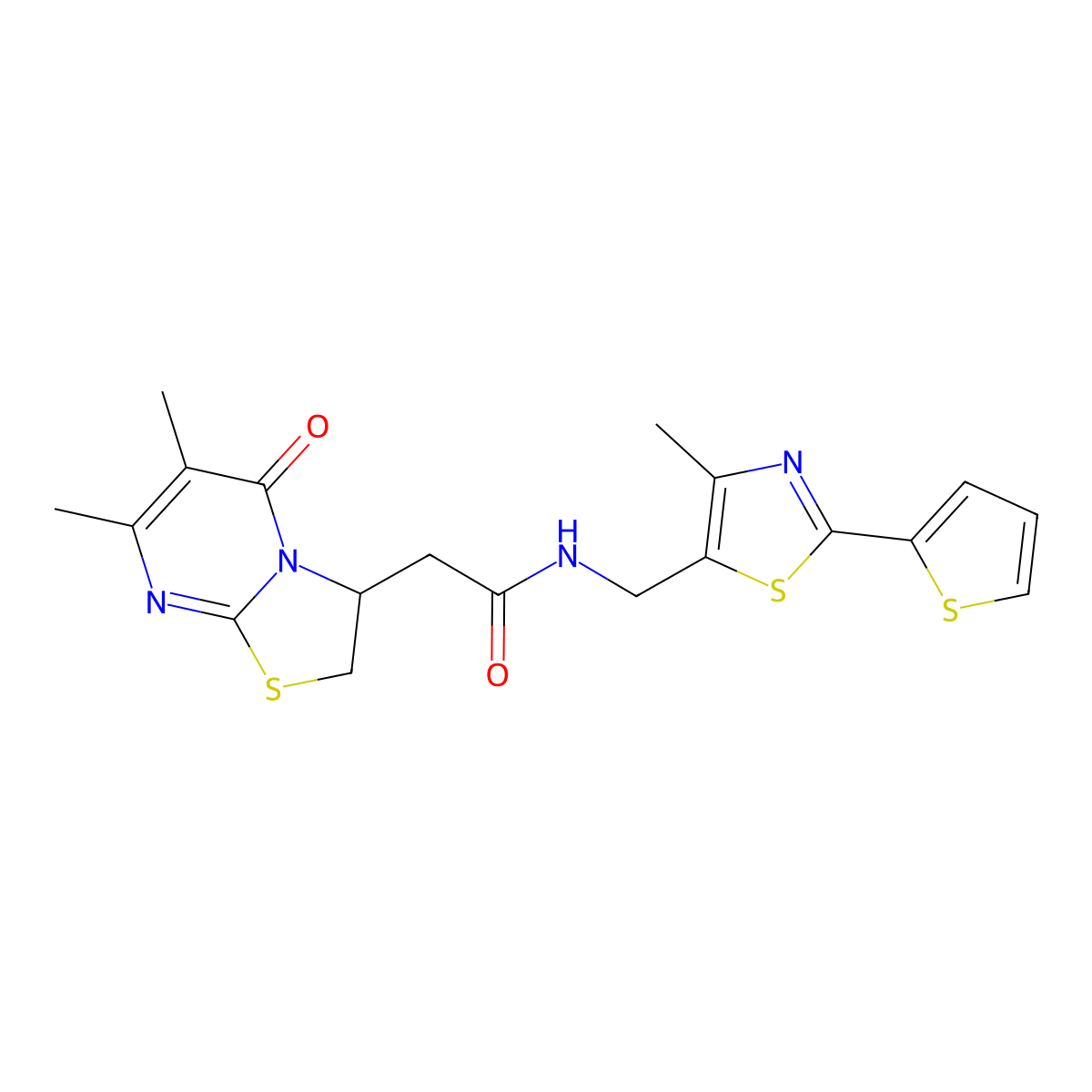 2-(6,7-dimethyl-5-oxo-3,5-dihydro-2H-thiazolo[3,2-a]pyrimidin-3-yl)-N-((4-methyl-2-(thiophen-2-yl)thiazol-5-yl)methyl)acetamide molecular structure, CAS 1421459-52-0