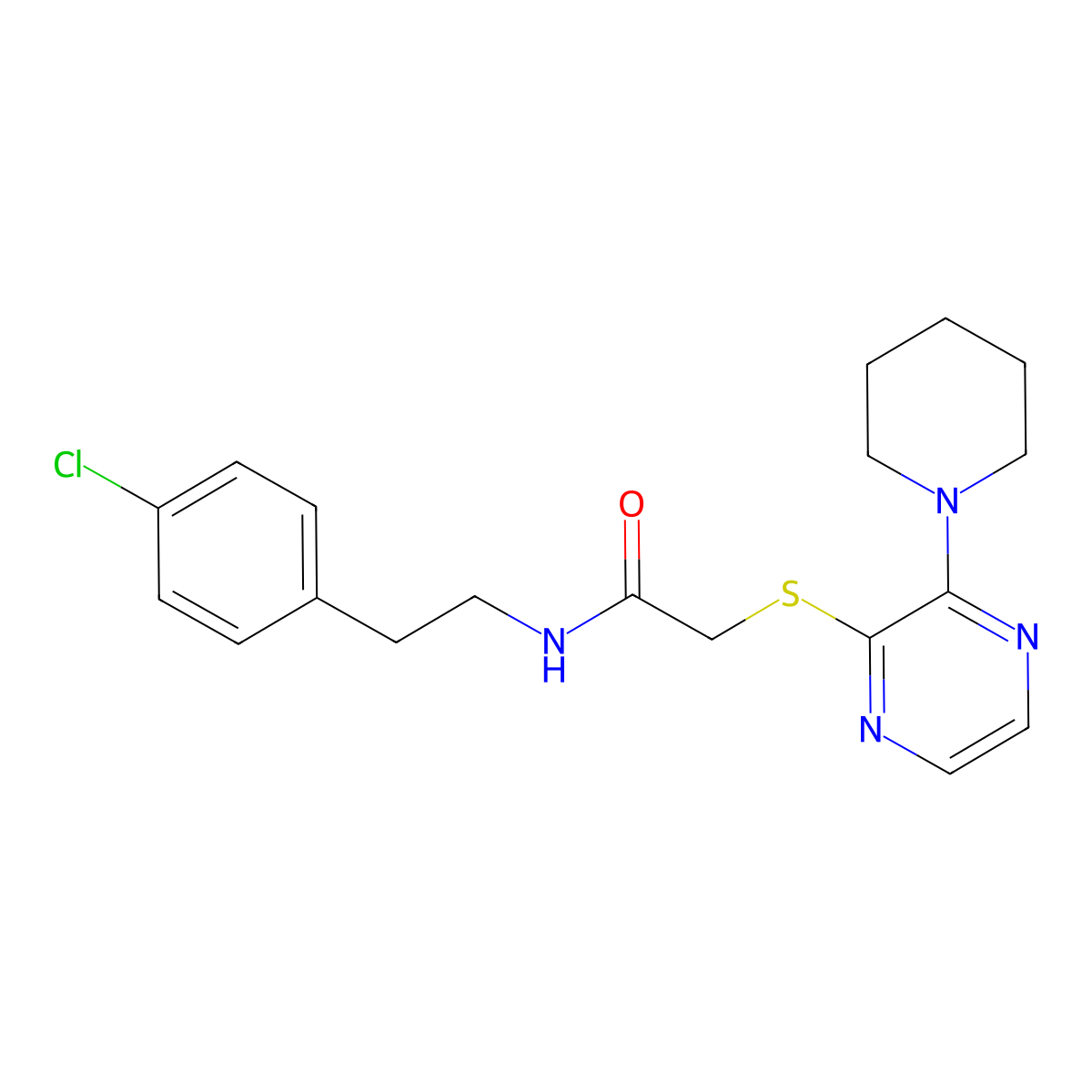 N-(4-chlorophenethyl)-2-((3-(piperidin-1-yl)pyrazin-2-yl)thio)acetamide molecular structure, CAS 1421459-55-3