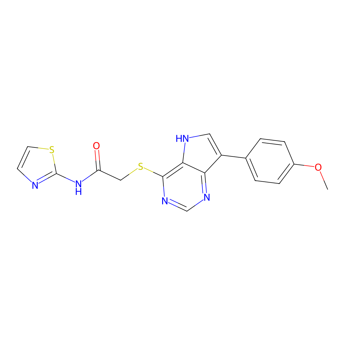 2-((7-(4-methoxyphenyl)-5H-pyrrolo[3,2-d]pyrimidin-4-yl)thio)-N-(thiazol-2-yl)acetamide molecular structure, CAS 1421459-63-3