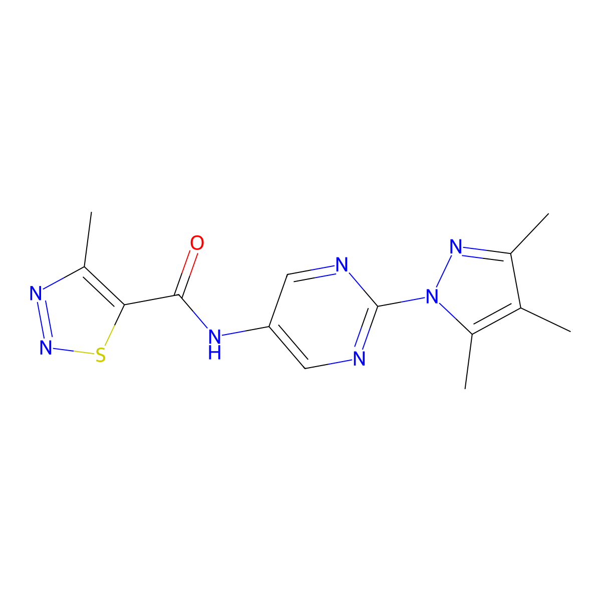 4-methyl-N-(2-(3,4,5-trimethyl-1H-pyrazol-1-yl)pyrimidin-5-yl)-1,2,3-thiadiazole-5-carboxamide molecular structure, CAS 1421459-68-8