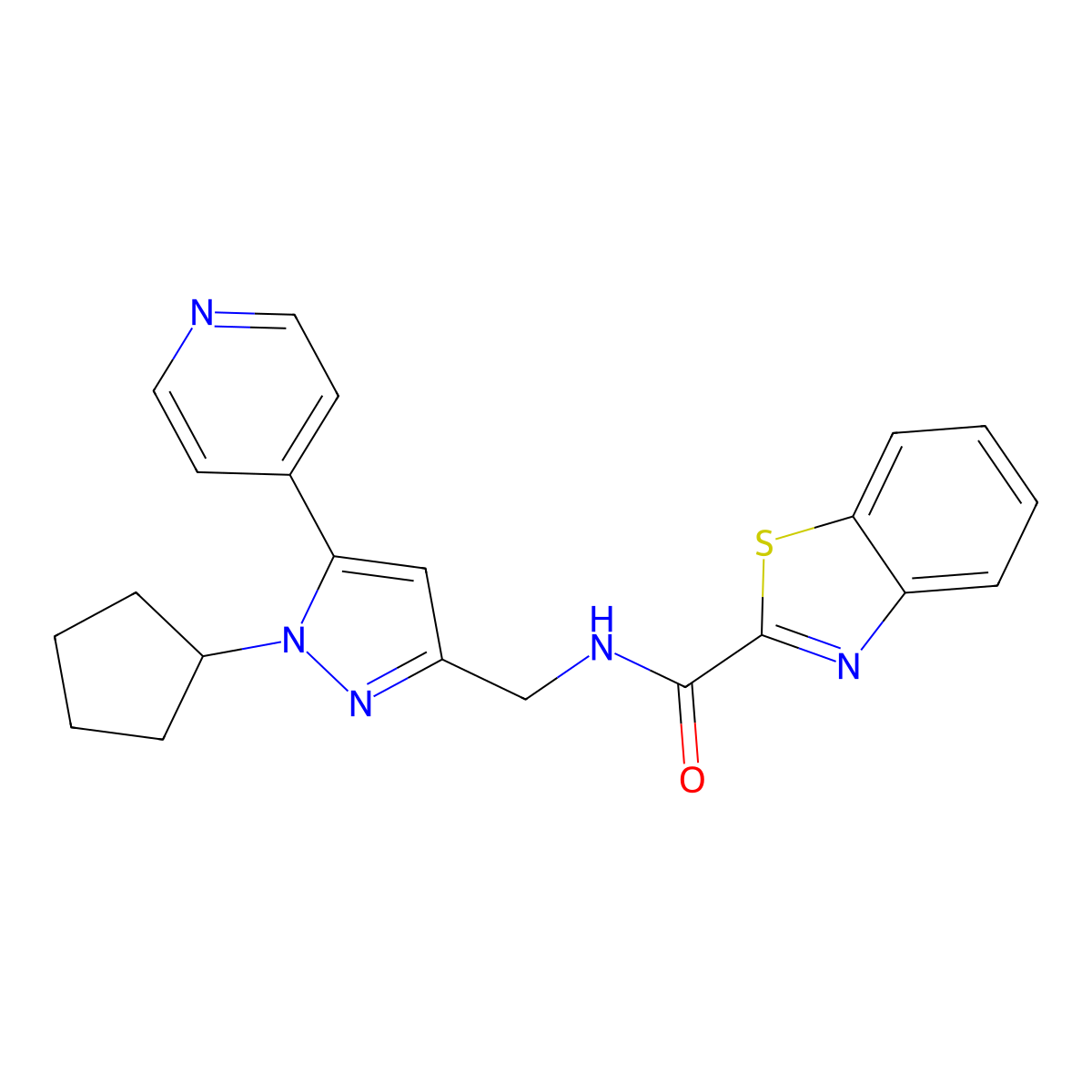 N-((1-cyclopentyl-5-(pyridin-4-yl)-1H-pyrazol-3-yl)methyl)benzo[d]thiazole-2-carboxamide molecular structure, CAS 1421459-85-9