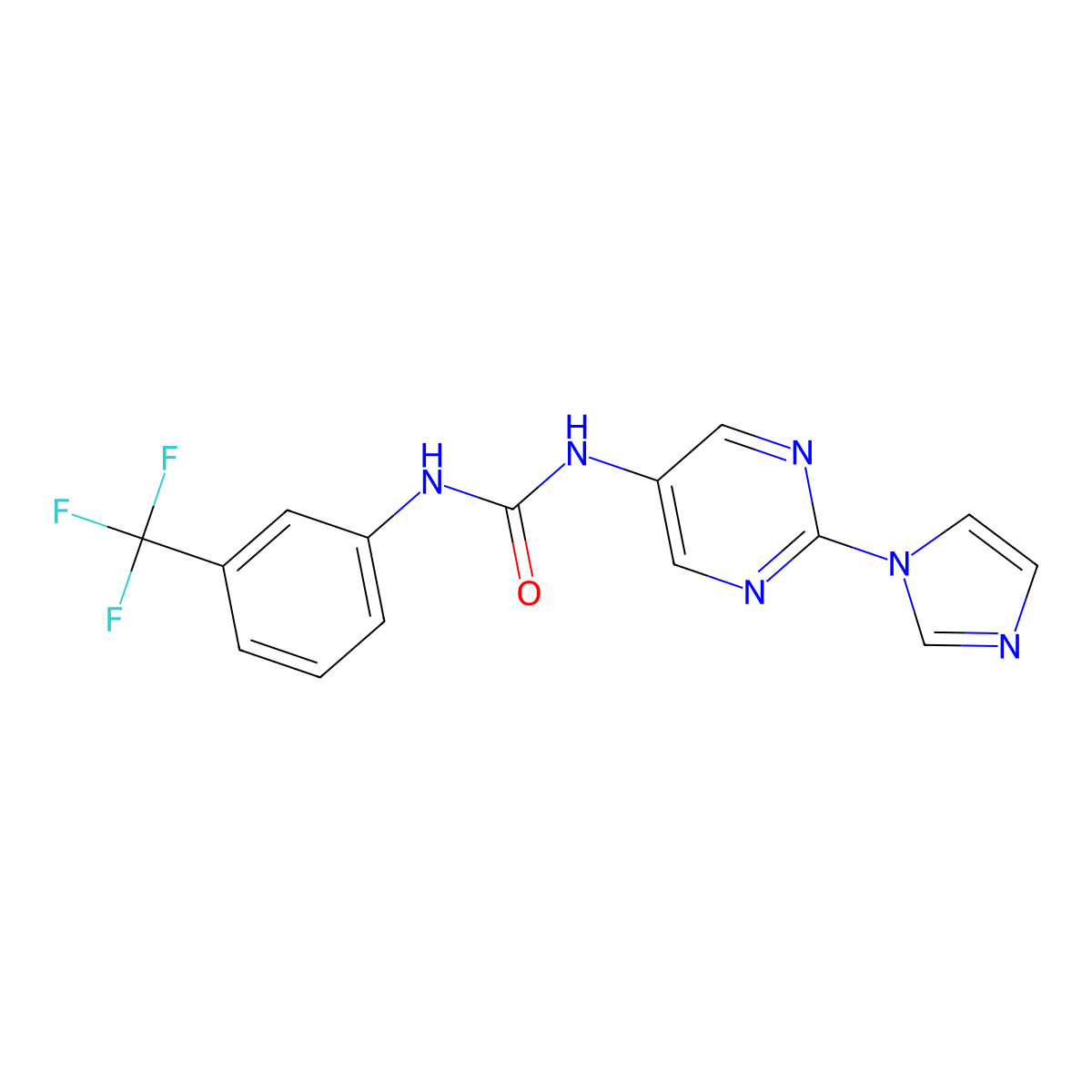 1-(2-(1H-imidazol-1-yl)pyrimidin-5-yl)-3-(3-(trifluoromethyl)phenyl)urea molecular structure, CAS 1421459-97-3