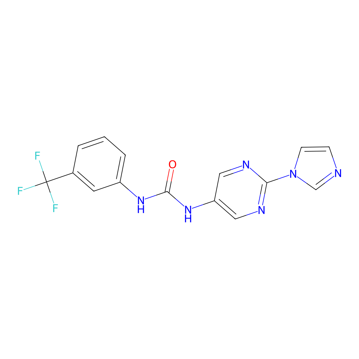 1-(2-(1H-imidazol-1-yl)pyrimidin-5-yl)-3-(3-(trifluoromethyl)phenyl)urea molecular structure, CAS 1421459-97-3