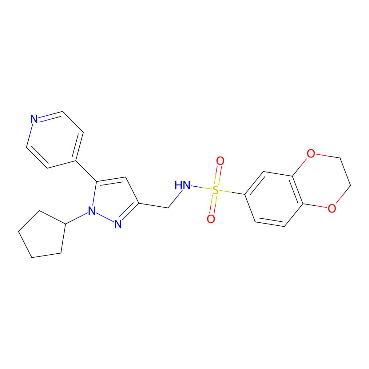 N-((1-cyclopentyl-5-(pyridin-4-yl)-1H-pyrazol-3-yl)methyl)-2,3-dihydrobenzo[b][1,4]dioxine-6-sulfonamide molecular structure, CAS 1421460-00-5