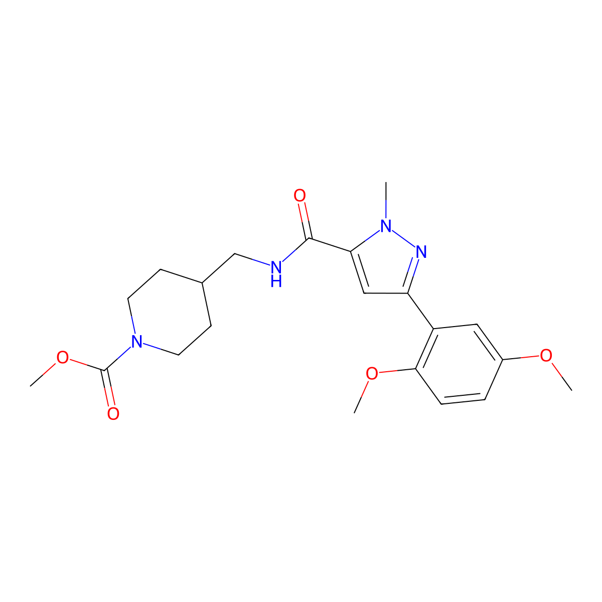 methyl 4-((3-(2,5-dimethoxyphenyl)-1-methyl-1H-pyrazole-5-carboxamido)methyl)piperidine-1-carboxylate molecular structure, CAS 1421461-57-5