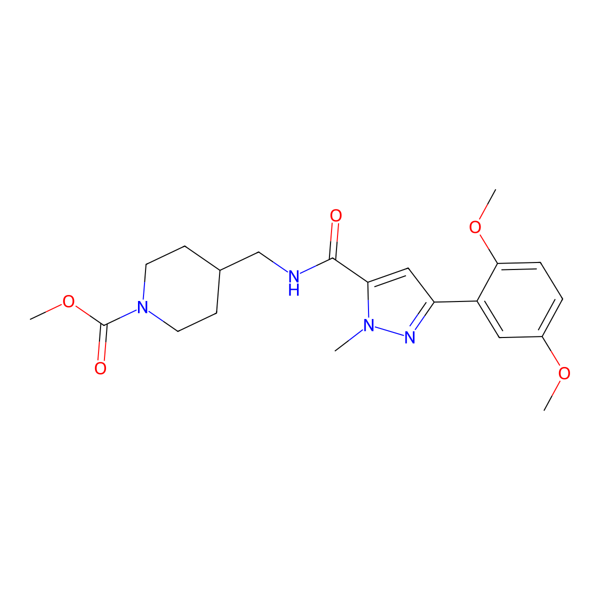 methyl 4-((3-(2,5-dimethoxyphenyl)-1-methyl-1H-pyrazole-5-carboxamido)methyl)piperidine-1-carboxylate molecular structure, CAS 1421461-57-5