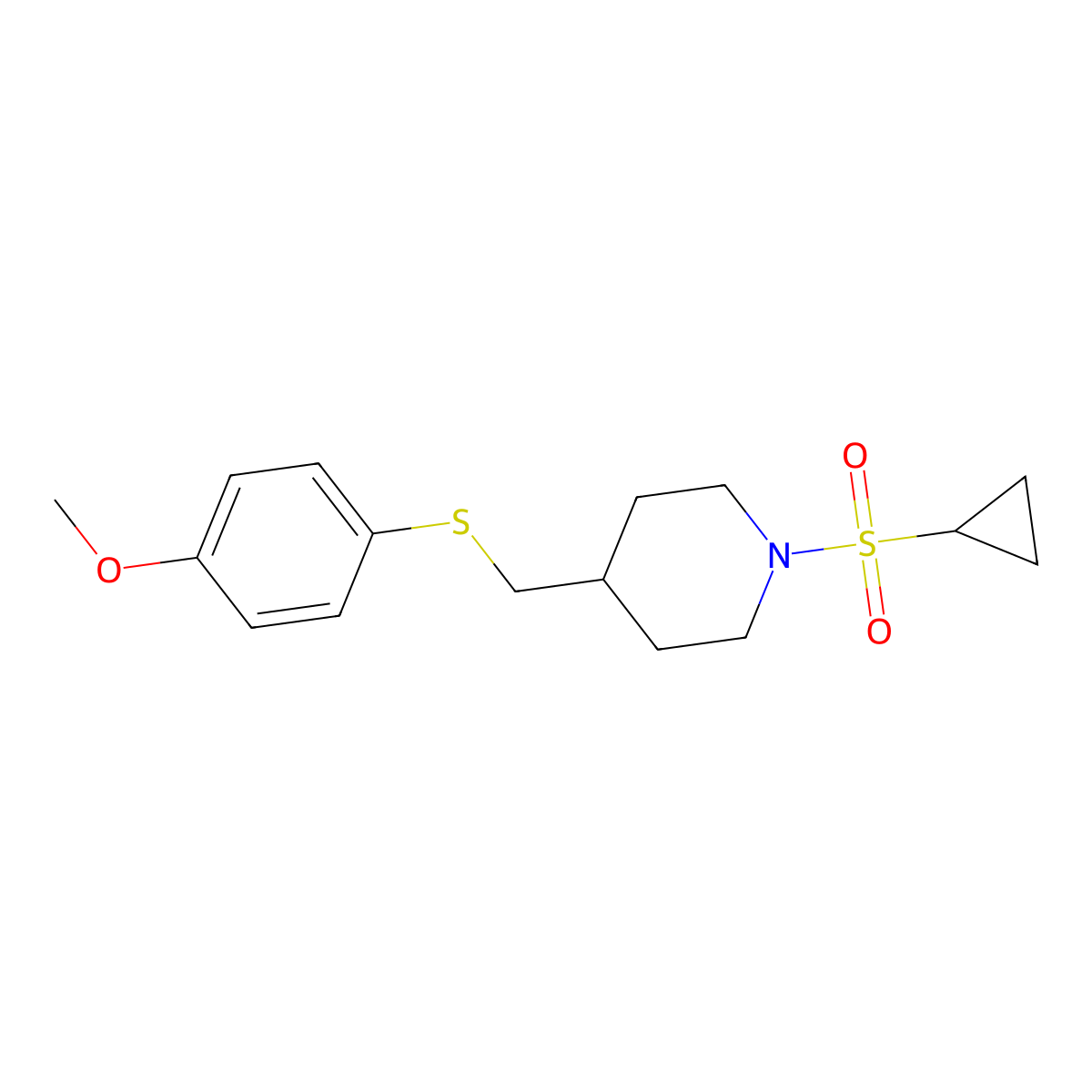1-(Cyclopropylsulfonyl)-4-(((4-methoxyphenyl)thio)methyl)piperidine molecular structure, CAS 1421461-62-2