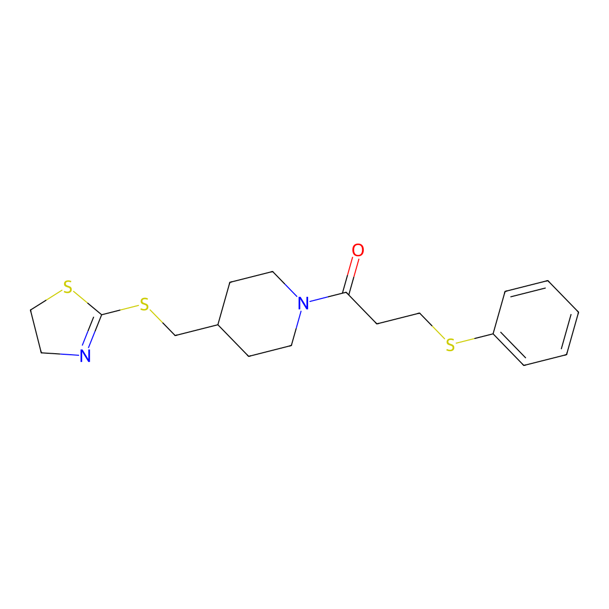 1-(4-(((4,5-Dihydrothiazol-2-yl)thio)methyl)piperidin-1-yl)-3-(phenylthio)propan-1-one molecular structure, CAS 1421461-89-3