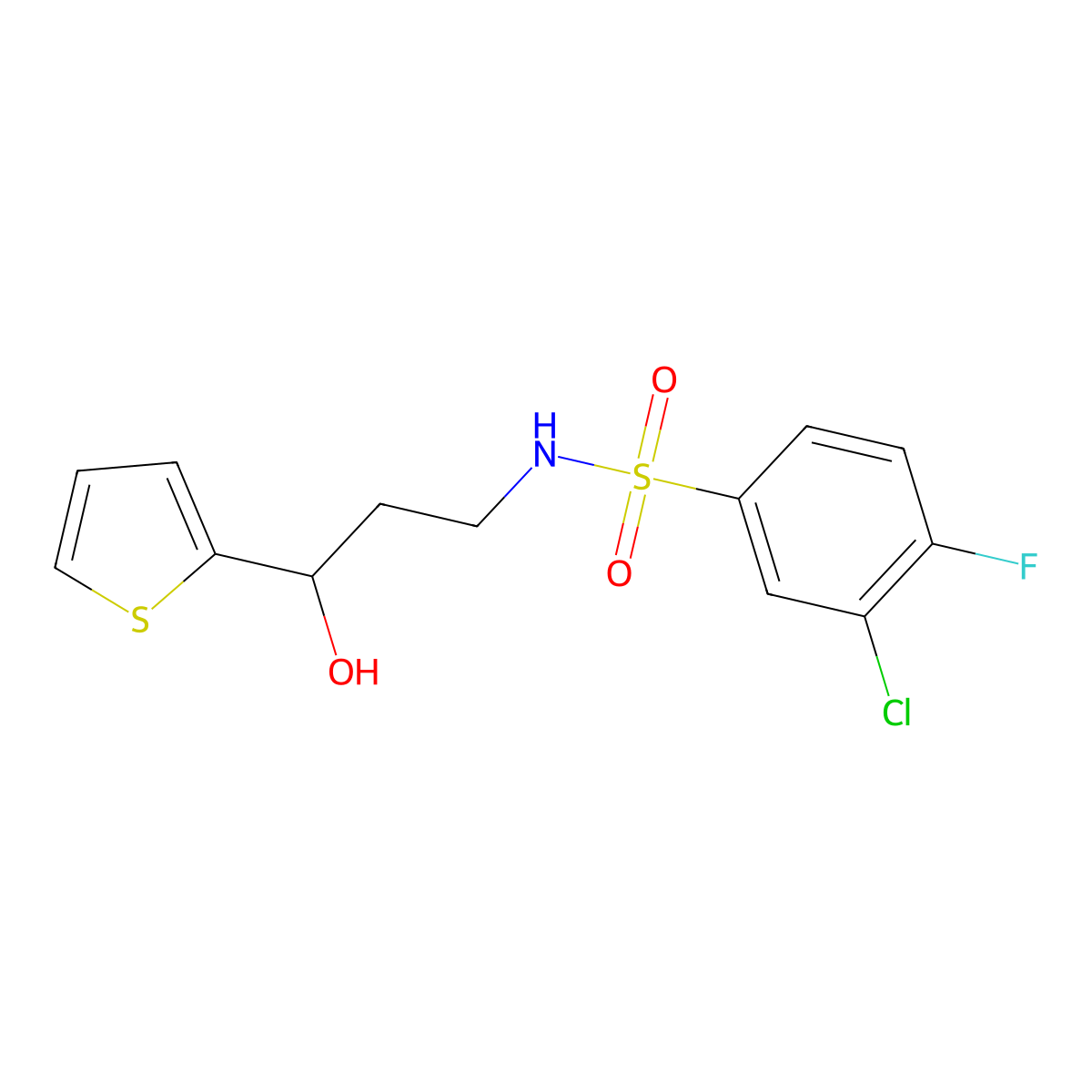 3-chloro-4-fluoro-N-(3-hydroxy-3-(thiophen-2-yl)propyl)benzenesulfonamide molecular structure, CAS 1421462-12-5