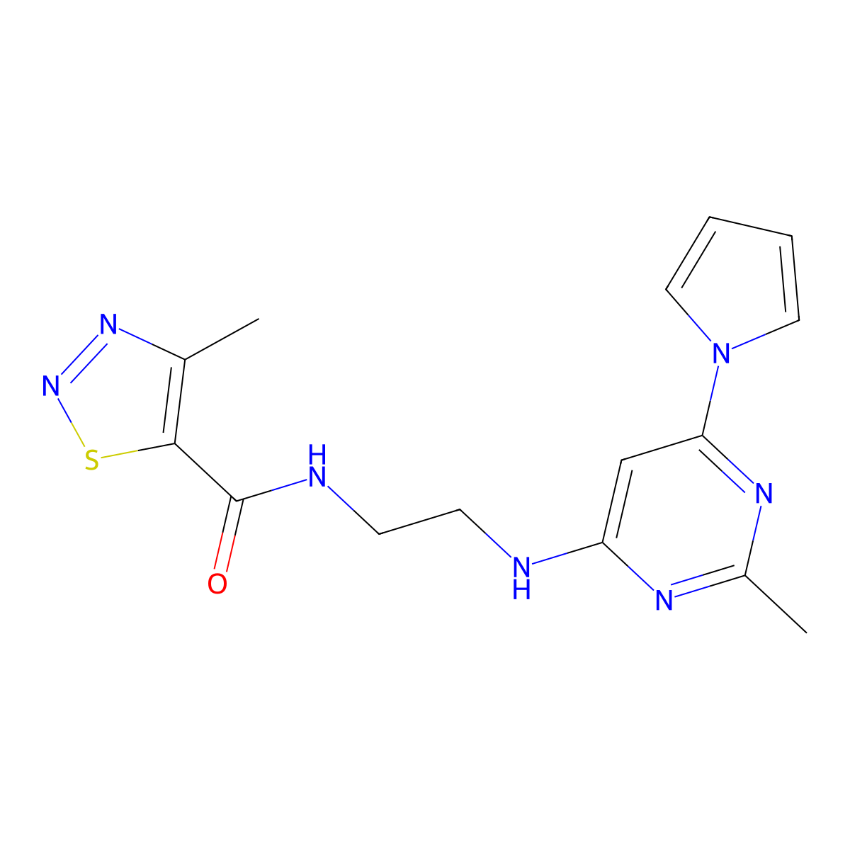 4-methyl-N-(2-((2-methyl-6-(1H-pyrrol-1-yl)pyrimidin-4-yl)amino)ethyl)-1,2,3-thiadiazole-5-carboxamide molecular structure, CAS 1421462-22-7
