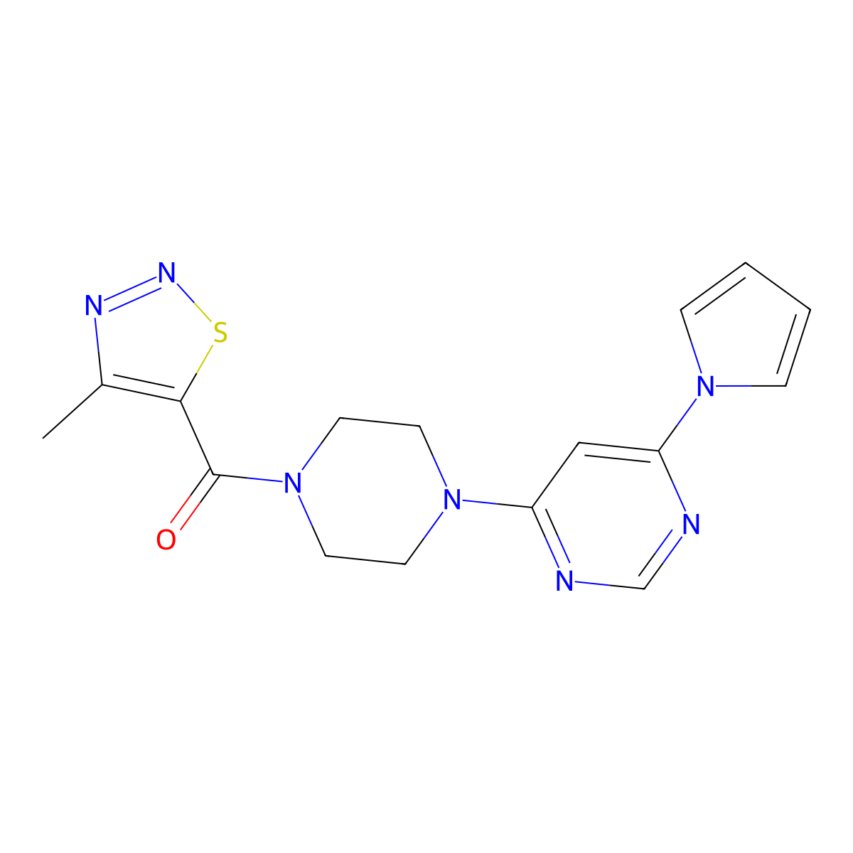 (4-(6-(1H-pyrrol-1-yl)pyrimidin-4-yl)piperazin-1-yl)(4-methyl-1,2,3-thiadiazol-5-yl)methanone molecular structure, CAS 1421462-27-2